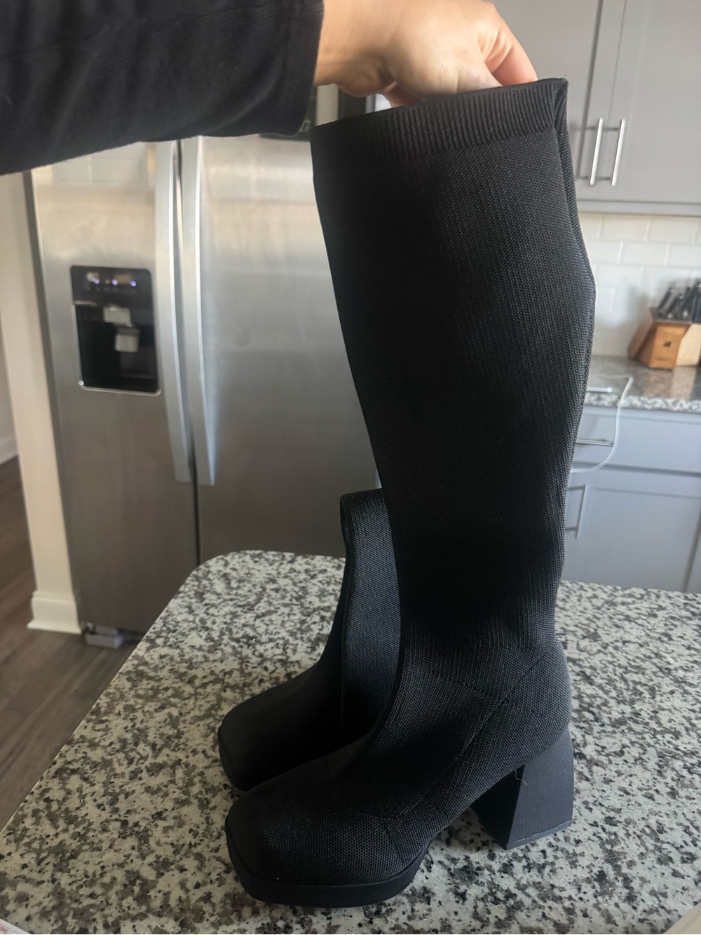 Black Stretch Knee-High Block Heel Boots